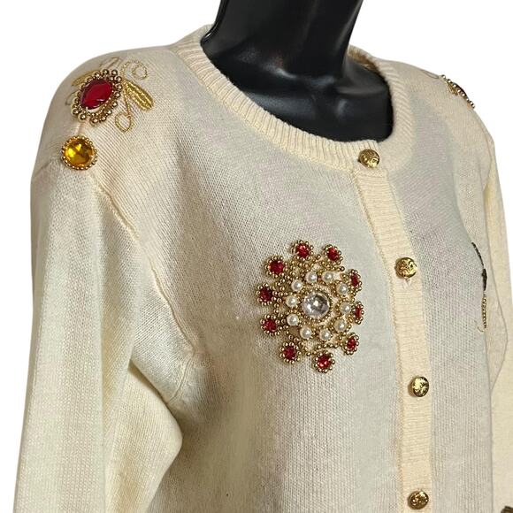VINTAGE JEWELED HOLIDAY CHRISTMAS SWEATER 80s 90s BEADED CARDIGAN NINA AUSTIN S - Picture 2 of 8